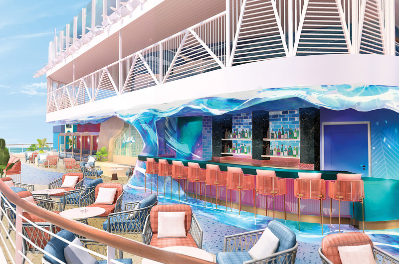 NCL Creating a New Main Dining Experience on Next New Ship - The new Daybreak Bar overlooking the pool deck (Image at LateCruiseNews.com - August 2026)