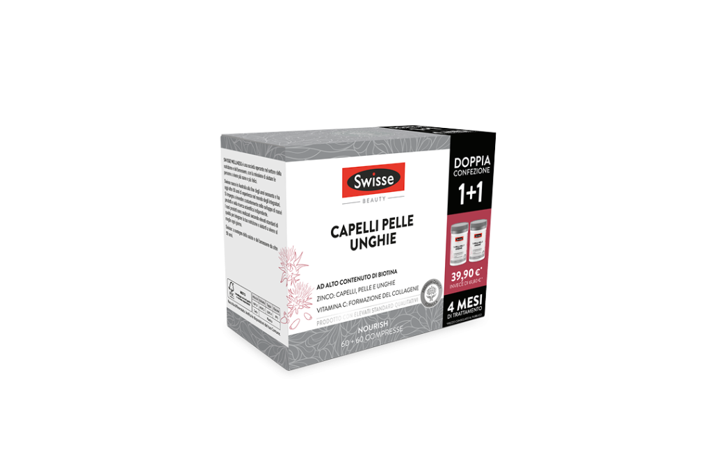 Mockup 3D del pack bipack Swisse Capelli Pelle Unghie, mostrando le dimensioni e la struttura della nuova confezione